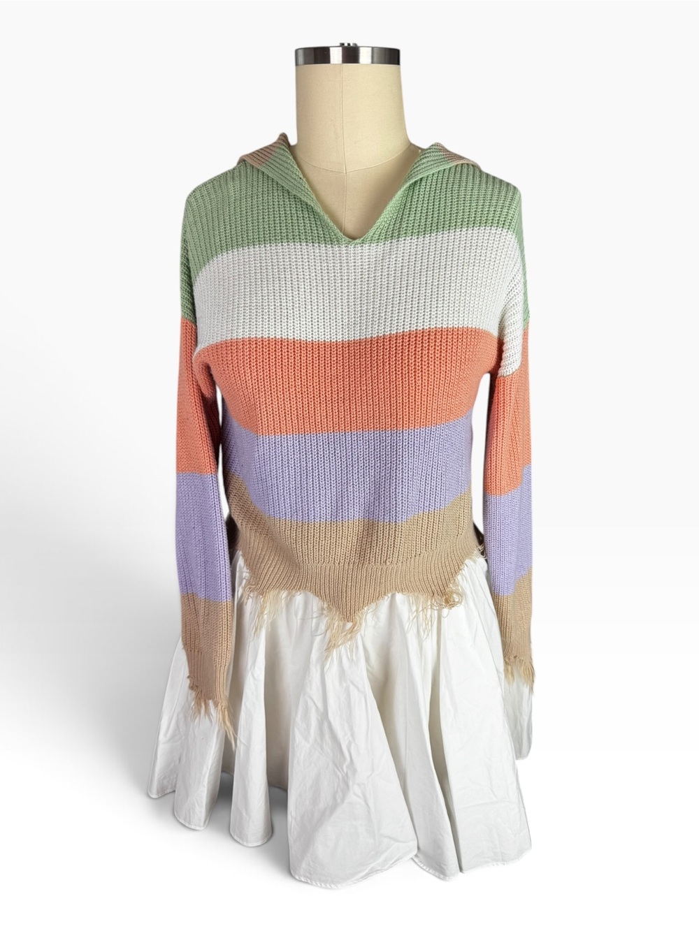 Jolie & Joy Women’s Large Hooded Sweater Pastel Stripe Distressed Fringe Y2K